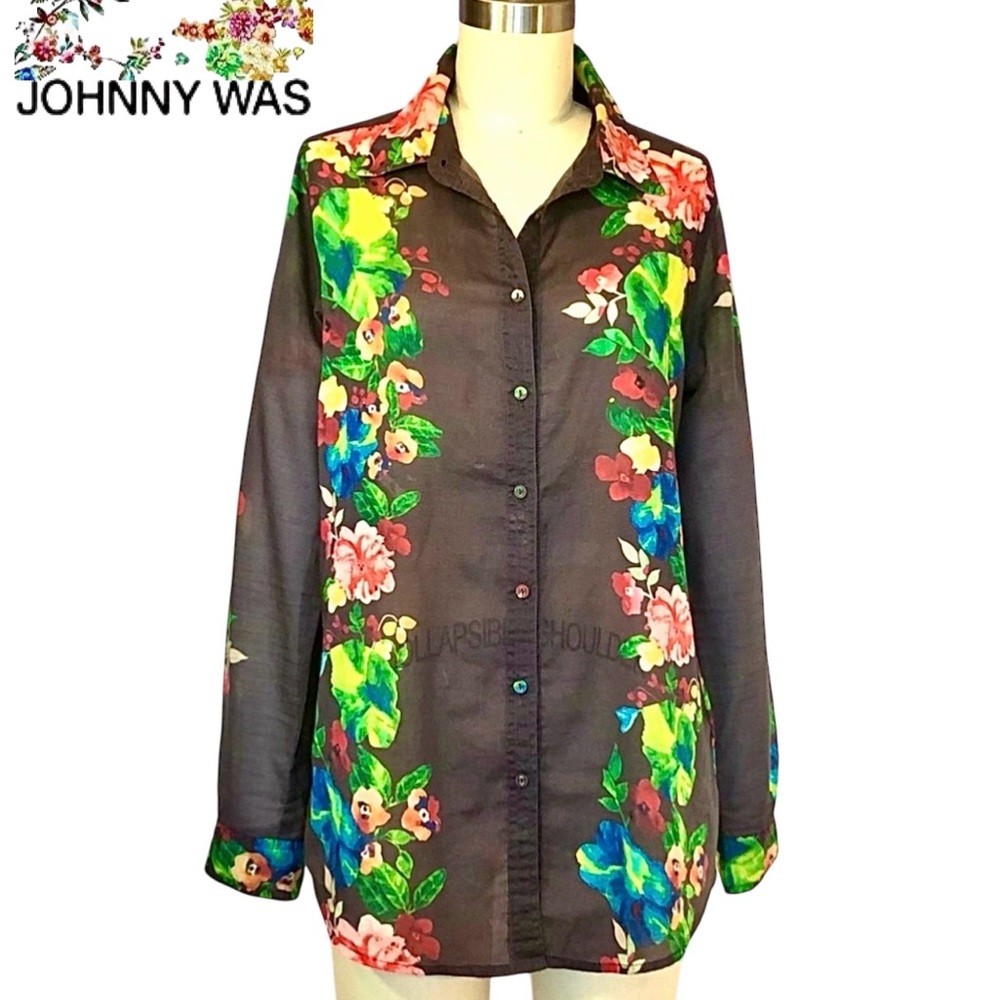 Johnny Was Floral Boho Button-Up Shirt Black Semi Sheer Cotton Top Medium